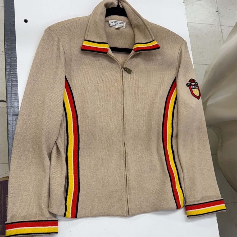 St. John Sport by Marie Gray Beige Varsity Jacket with Red and Yellow Accents